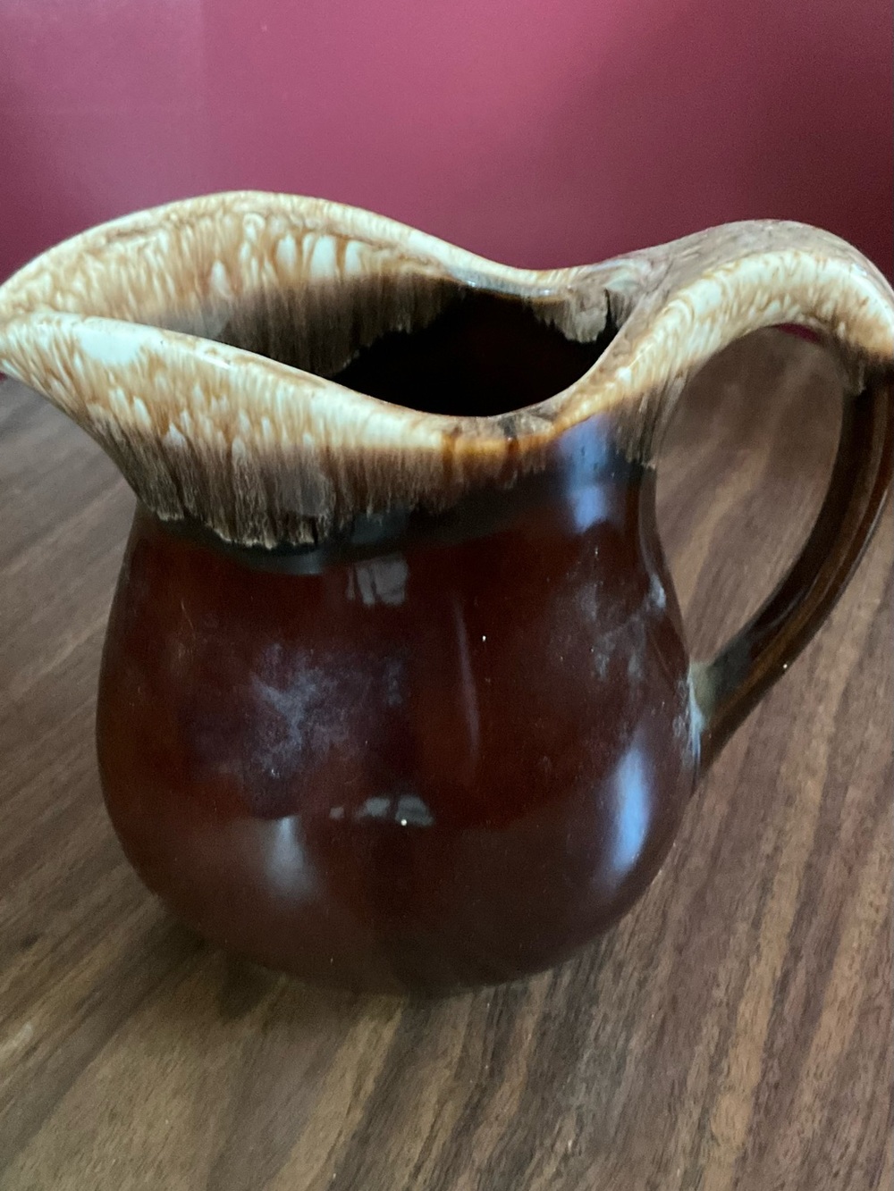 Vintage 1960s USA Pottery brown drip small pitcher